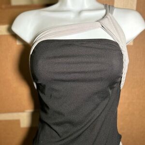 Asymmetrical Strap Ribbed Bodysuit Tube Top - Black with Gray Strap